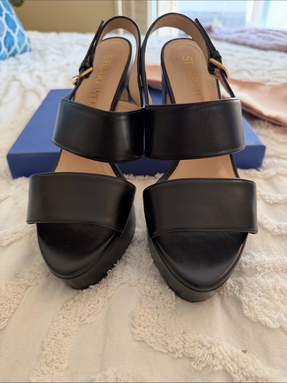 Stuart Weitzman Black Leather Open-Toe Slingback Heels